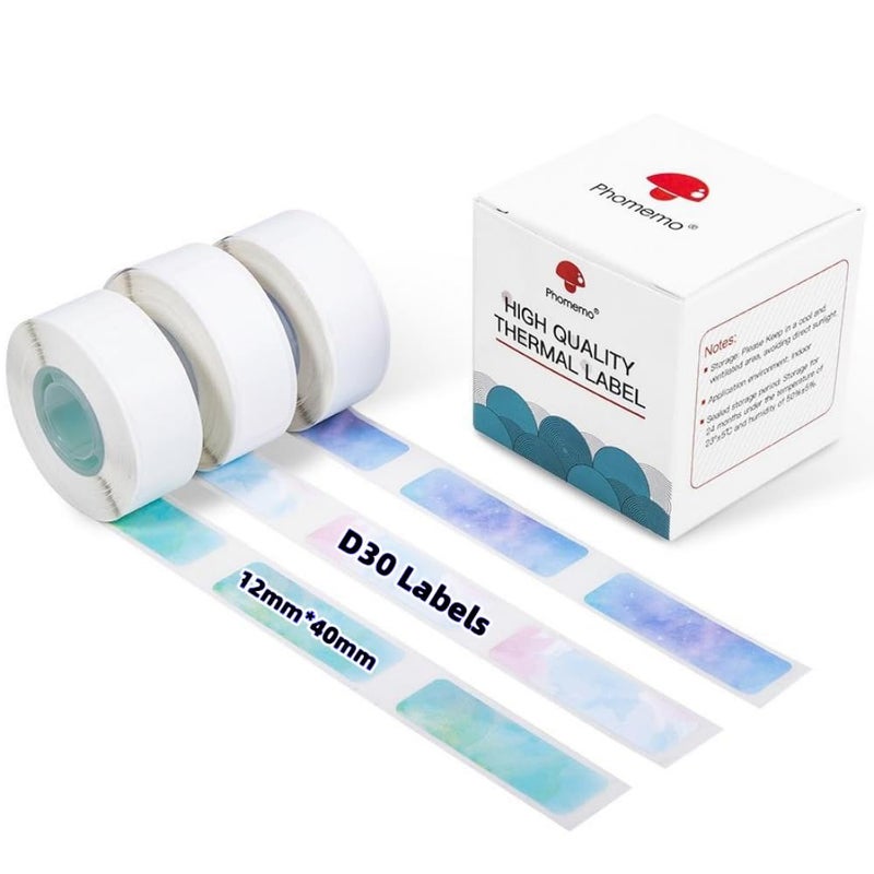 Memoqueen Phomemo D30 Labels Adhesive Nebula/Galaxy Series Pattern Paper 3/8 "" X 1 1/2 "" (12mm X 40mm) D30 Label Maker Tape for Gift  Christmas  New Year Decoration  160 Labels/Roll  3 Roll - Image 1